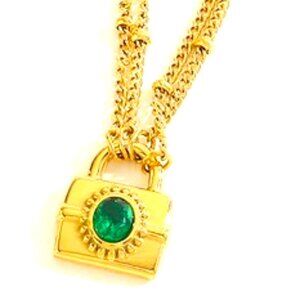 18K GOLD PLATED DOUBLE STRAND GREEN AND GOLD LOCK PENDANT ELEGANT NECKLACE